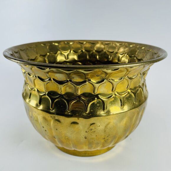 Vintage Brass Textured Planter Indoor Plant Pot Jardiniere 8in Diameter India - Picture 1 of 9